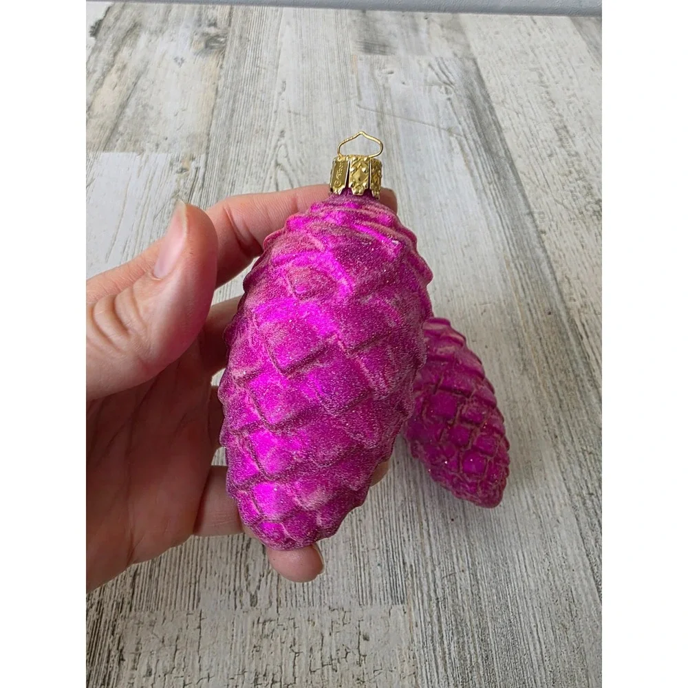 Vintage Christborn pink pine cone glitter glass ornament‎ set Xmas tree